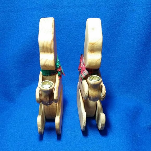 Wooden Teddy Bear Candlestick Holder Set Christmas Around The World Set of 2 - Picture 6 of 10